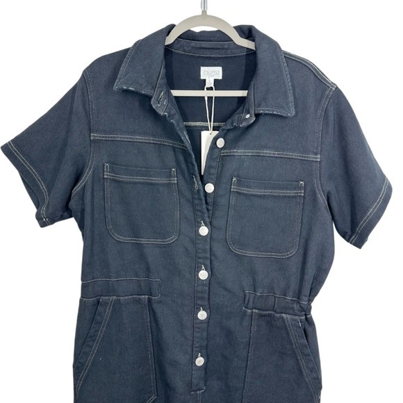 Z SUPPLY Elias Denim Romper‎ Black Button Front Short Sleeve Utility Size L NWT - Picture 3 of 9